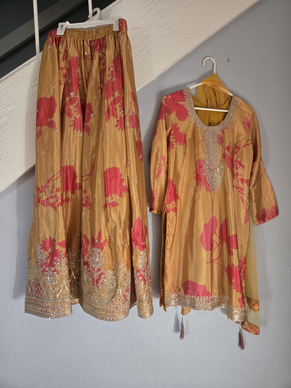 Mustard Gold & Pink Floral 3-Piece Sharara / Kurta Set